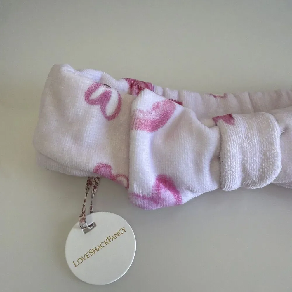 Love Shack Fancy Rare Print Face Wash Headband With Bow Blushing Kisses NWT Pink